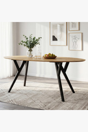 Ovális tölgylapú étkezőasztal fekete fém lábakkal 180x90 cm